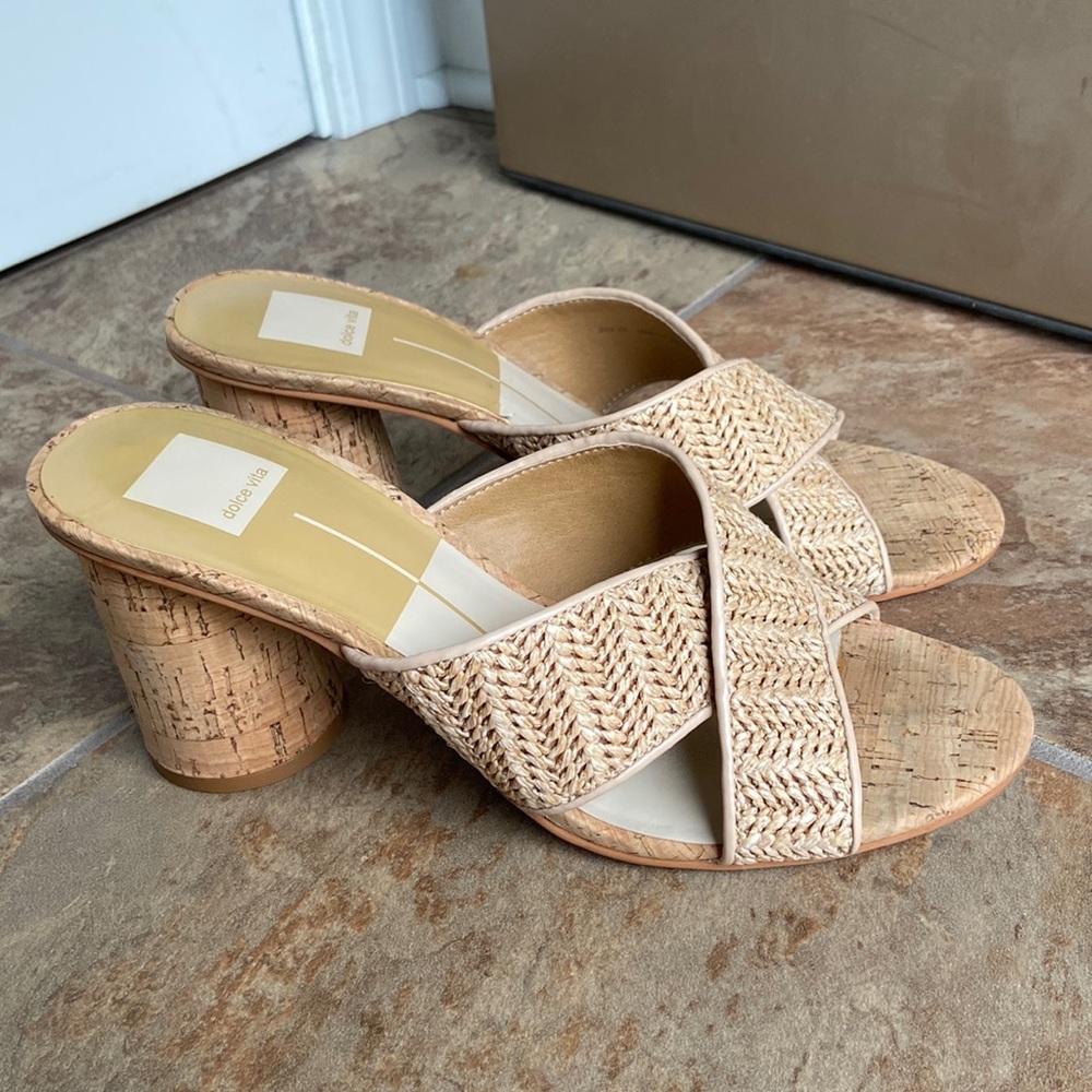 Dolce Vita Janay Woven Raffia Sandals Round Chunky Cork Heel Cork Size 10